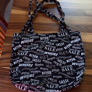 Bossy Black Canvas Tote with White All-Over slurs  text feminist statement